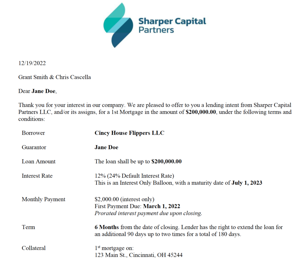 Hard Money Loan Lending Intent from Sharper Capital Partners